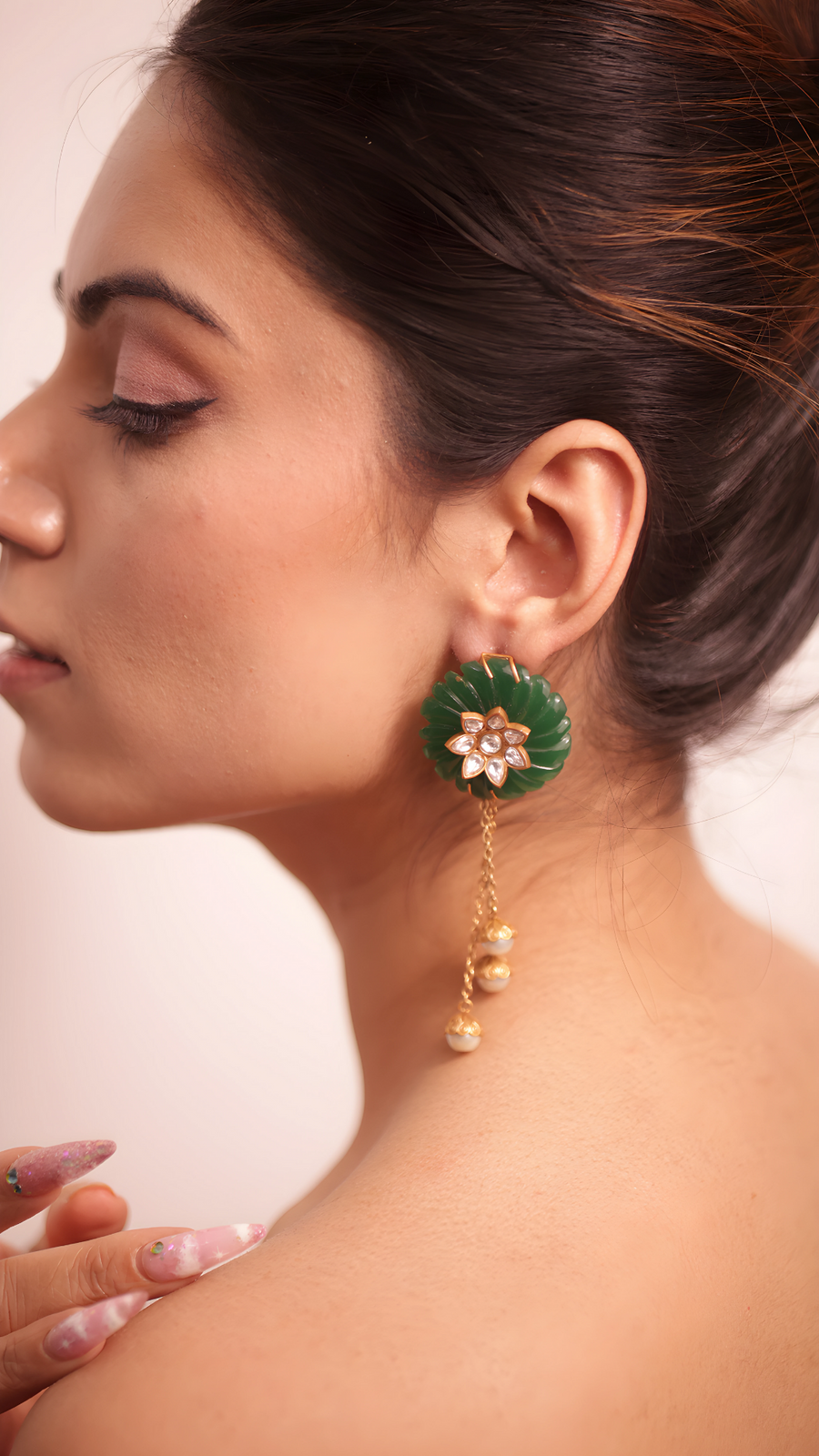 Green Kundan Earring with Pearl Chains