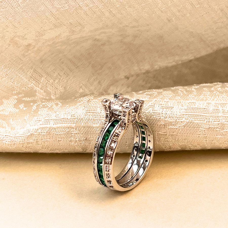 Green 2 in 1 Layered Solitaire Ring - Adrisya - Finger Ring