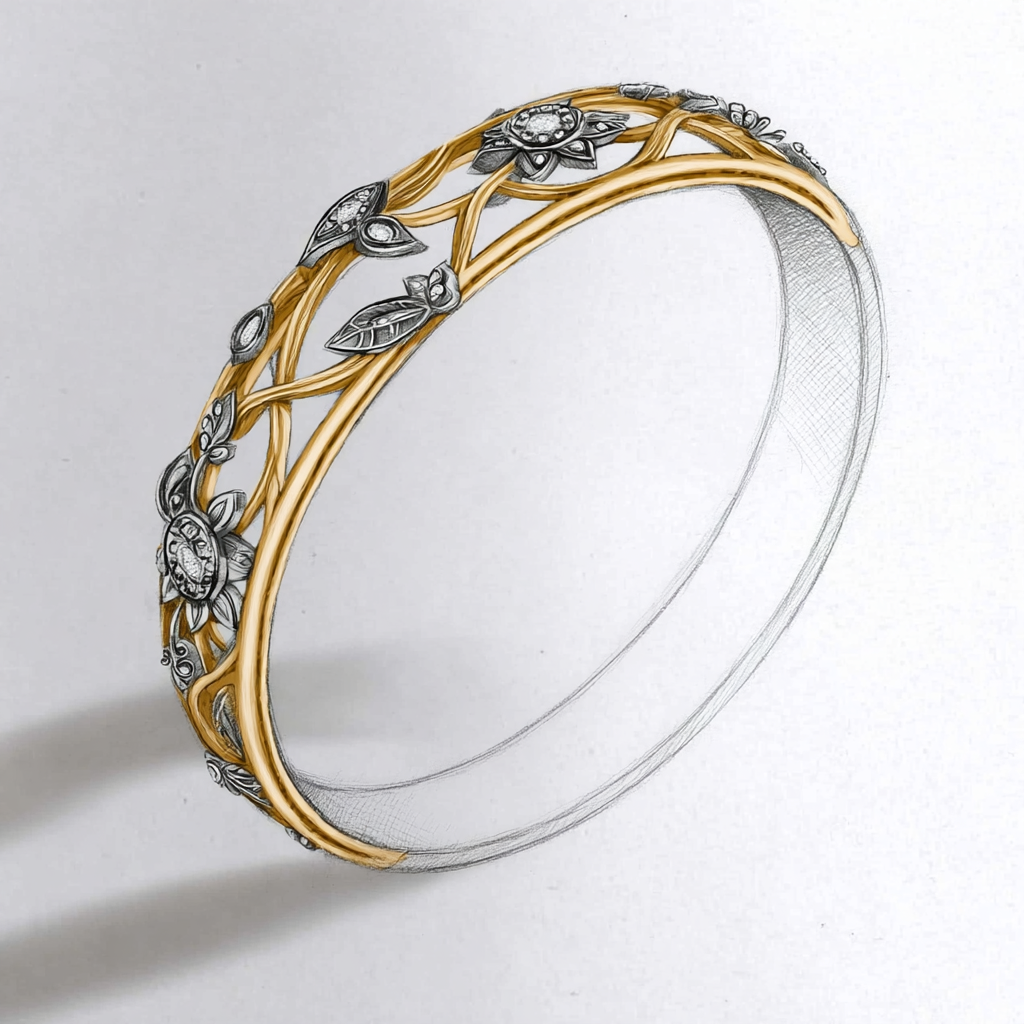 Gold and silver bracelet with leaf designs on a light gray background