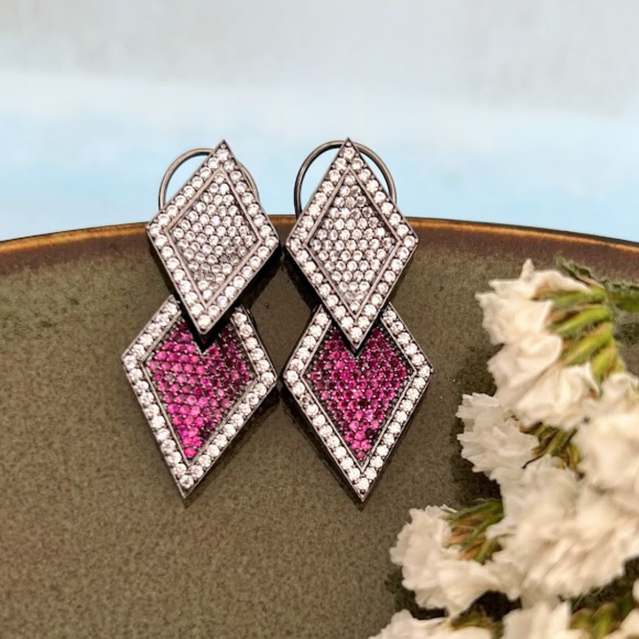 Pink and White Diamond-Shaped Studs - Adrisya - Earrings