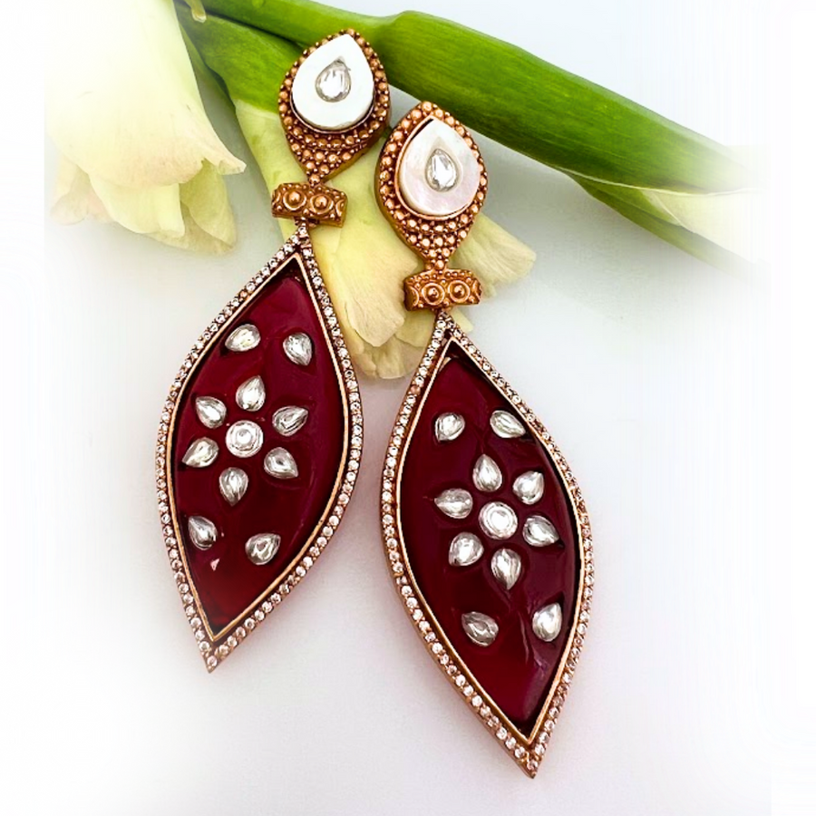 Ornate Red Stone Kundan Earrings - Adrisya - Earrings