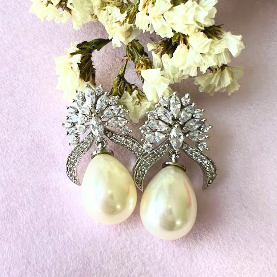 Floral Pearl Stud Earrings - Adrisya - Earrings