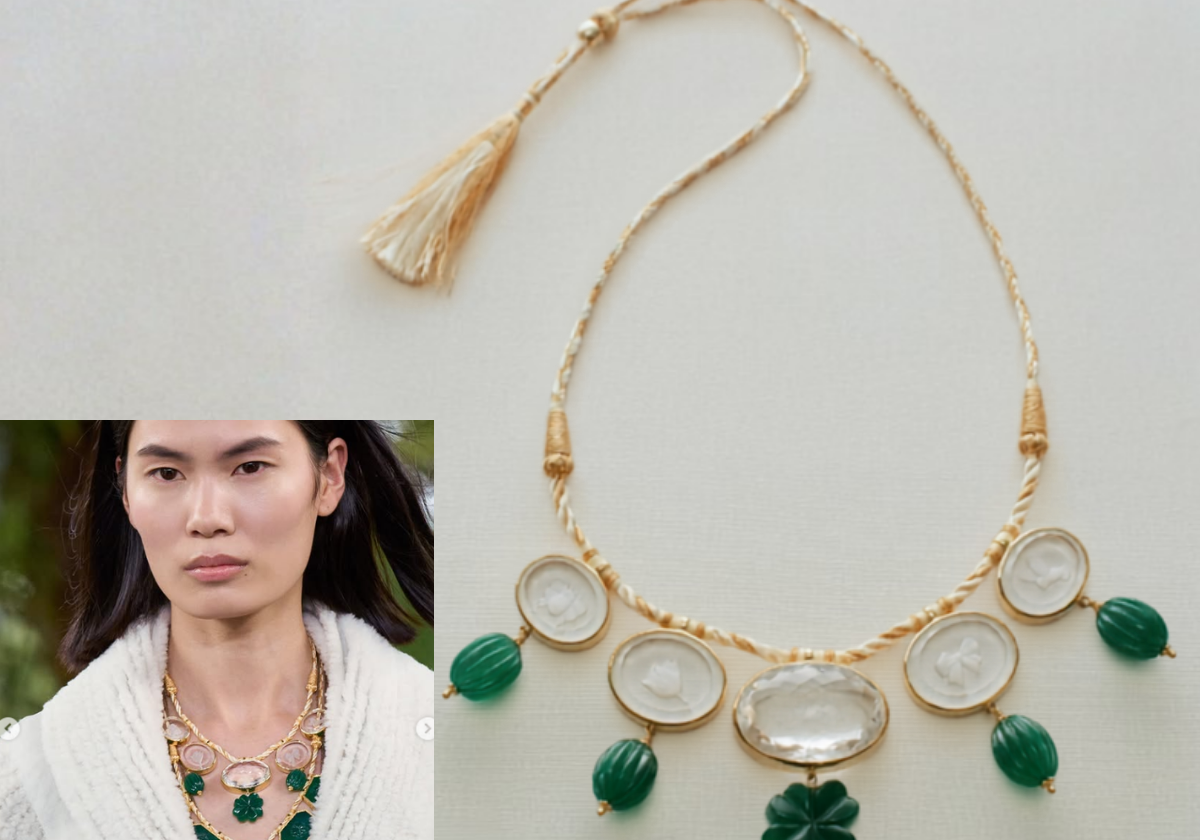Dior Fall Winter 2026 Haute Couture, green onyx and rock crystal necklace with four-leaf clover motif