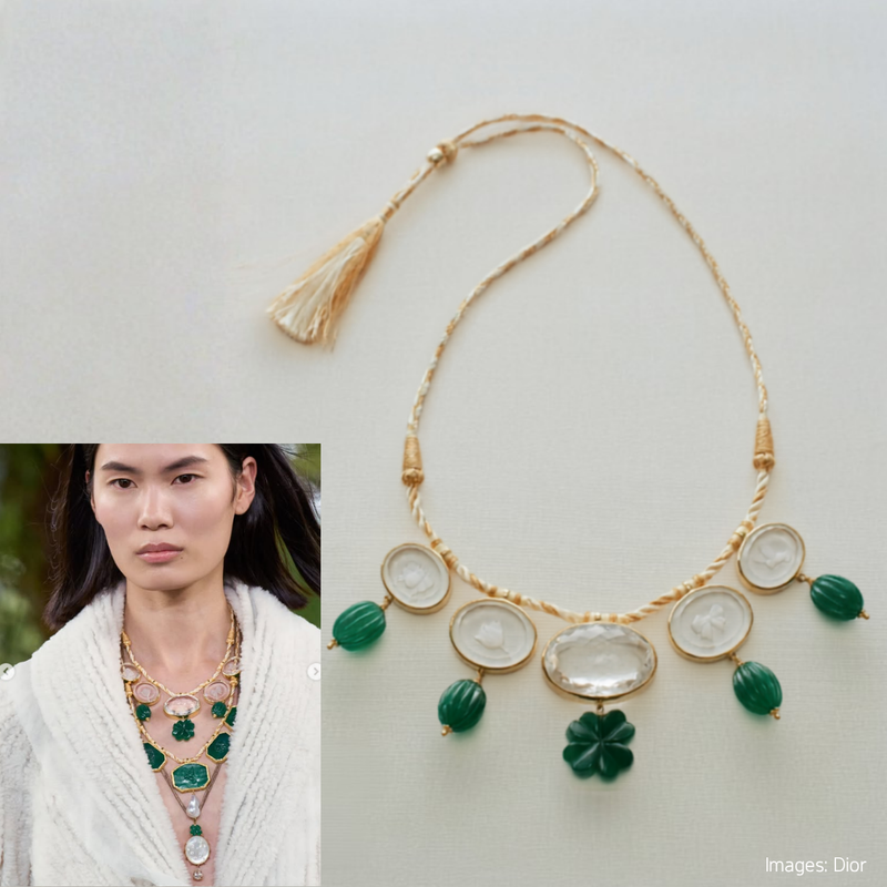 Dior Fall Winter 2026 Haute Couture, green onyx and rock crystal necklace with four-leaf clover motif