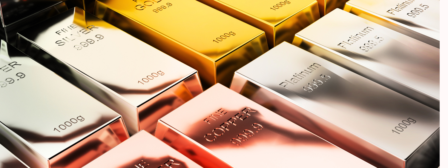 Bars of gold, platinum, silver, and copper displayed in a Dubai studio, representing the raw metals behind jewelry design — Adrisya blog 2026 by Shabnam Bhojwani.