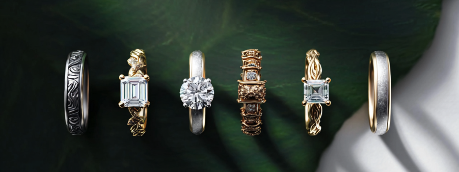 Line of lab-grown diamond rings displayed elegantly, highlighting contemporary Dubai jewelry designs by Shabnam Bhojwani