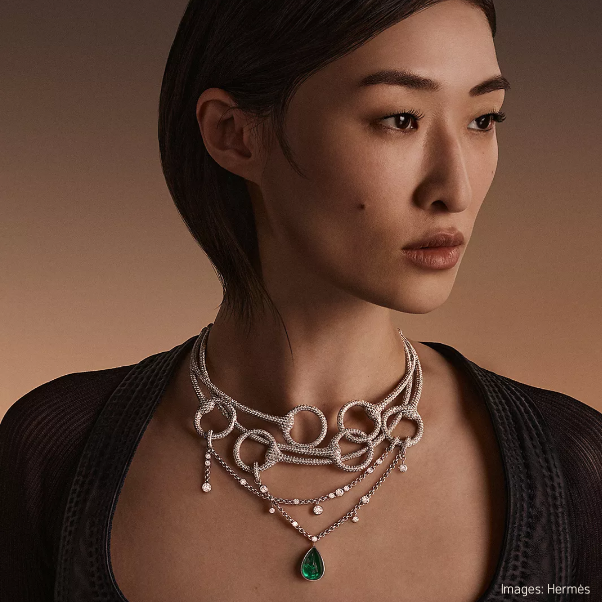 Hermès Into The Horsescape haute bijouterie collection, diamond necklace with emerald drop