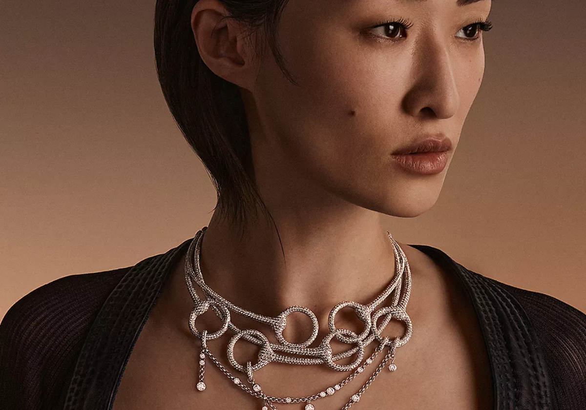 Hermès Into The Horsescape haute bijouterie collection, diamond necklace with emerald drop