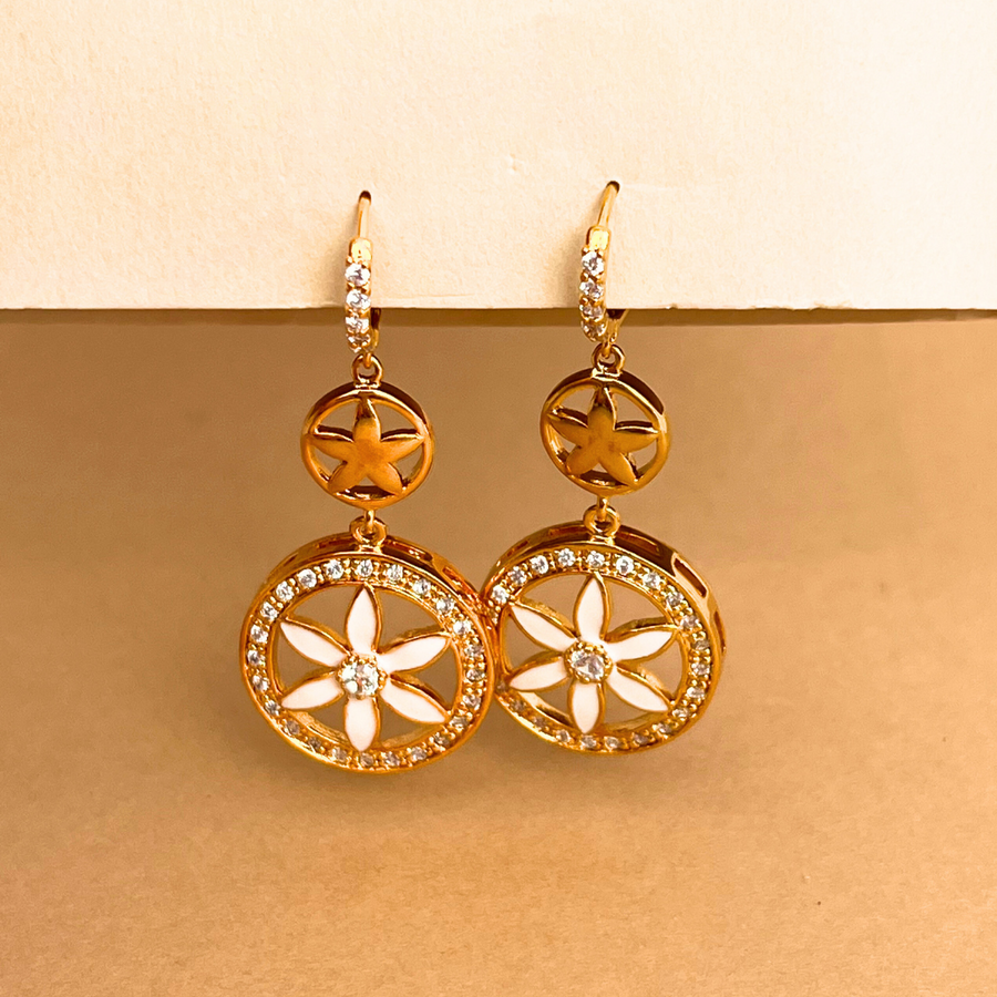 Gold tone earrings with white stones, perfect for adding a touch of elegance to any outfit.
