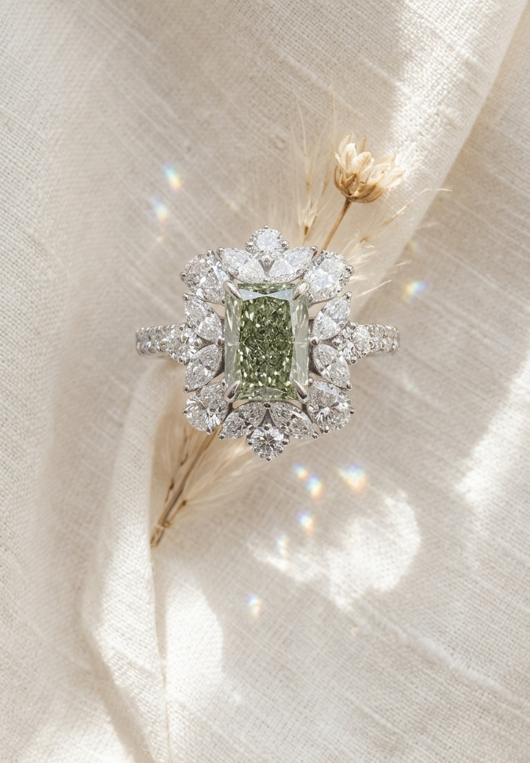 Diamond ring with a green gemstone on a soft fabric background