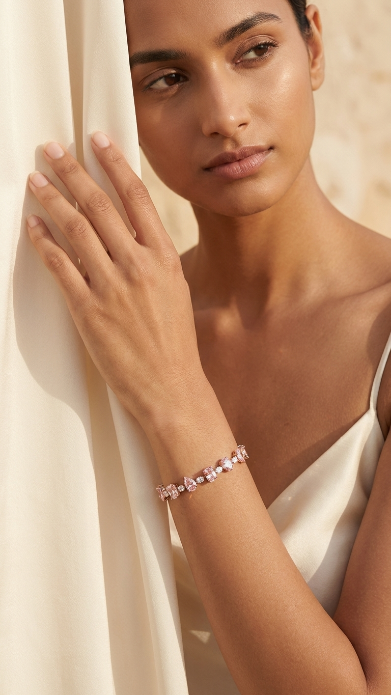 Woman wearing a pink bracelet against a neutral background