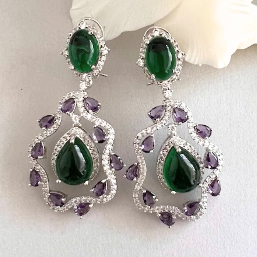 Regal Green and Purple Chandelier Earrings - Adrisya - Earrings