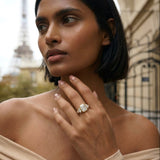 Woman wearing a diamond ring with the Eiffel Tower in the background