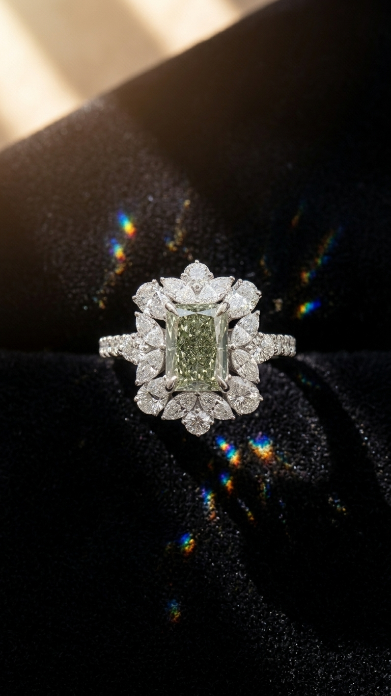 Diamond ring with a green gemstone on a black background