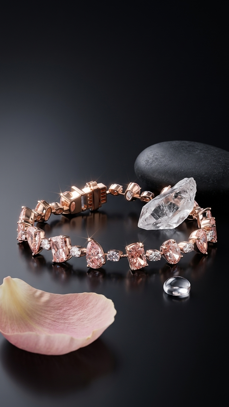 Rose gold bracelet with pink gemstones on a dark surface with a stone and flower petal.
