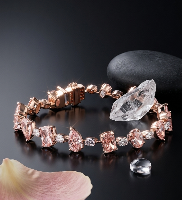 Rose gold bracelet with pink gemstones on a dark surface with a stone and flower petal.