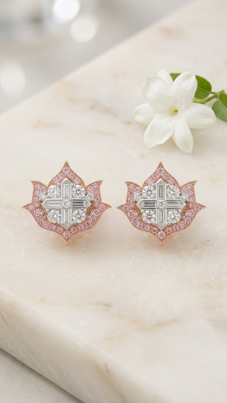 Lotus No. 04 Blush Studs in rose gold with pink sapphires on marble surface