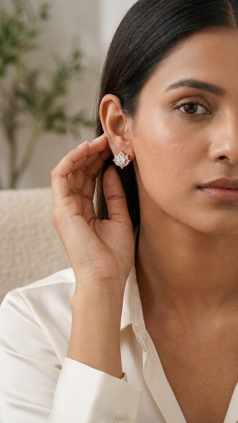 Model wearing Lotus No. 04 Blush Studs in rose gold