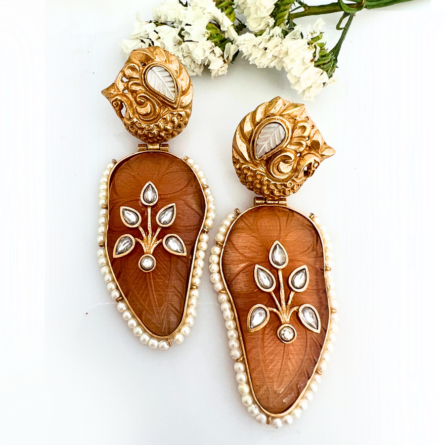 Exquisite Rust Stone with Gold Kundan Engraving - Adrisya - Earrings
