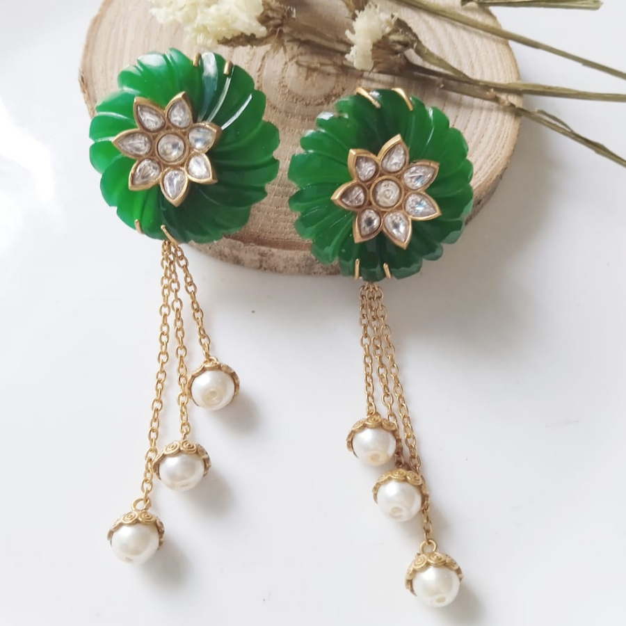 Green Kundan Earring with Pearl Chains - Adrisya - Earrings